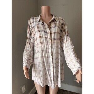 Boho Jane Wood Stock Plaid Patch Back Long Tunic Top L ''DONT MESS WITH TRIBE"